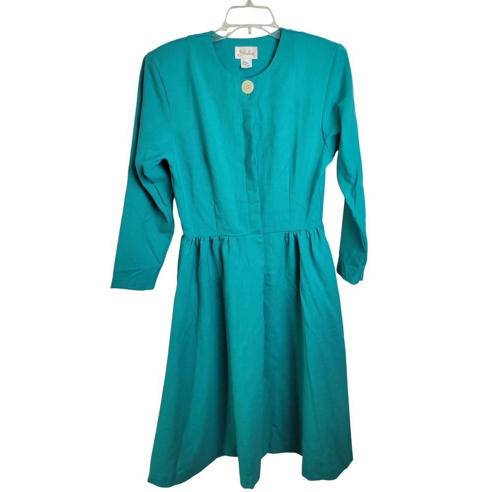 Ambria Vintage Retro 70's Dress Midi Fit Flare Mod Teal Green Womens size 12